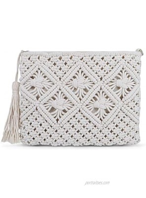 QTKJ Women's Summer Beach Straw Crochet Clutch Bag Woven Envelope Tassel Bag with Zipper White