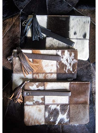 Real Cowhide Wristlet Clutch for Women Exotic Checked Design Tricolor Cow Hide Cow Skin Purse Wallet Leather Hair On 9' X 6'
