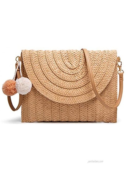 Straw Shoulder Bag Straw Clutch Women Hand-woven PomPom Straw Crossbody Bag Summer Beach Envelope Purse Wallet