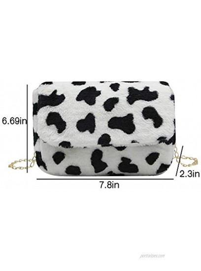 Women Faux Fur Shoulder Bag Fluffy Plush Handbag Leopard Cow Print Clutch Wallet with Chain Strap for Girls Ladies