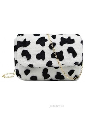 Women Faux Fur Shoulder Bag Fluffy Plush Handbag Leopard Cow Print Clutch Wallet with Chain Strap for Girls Ladies
