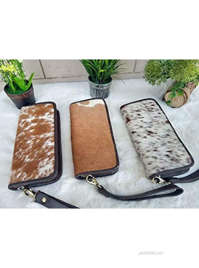 Womens Zipper Wristlet Clutch Brown Cow Hide Cow Skin Leather Hand Clutch Zip Phone Wallet Clutch Card Case 8' X 4' Gift for her
