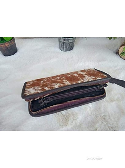 Womens Zipper Wristlet Clutch Brown Cow Hide Cow Skin Leather Hand Clutch Zip Phone Wallet Clutch Card Case 8' X 4' Gift for her