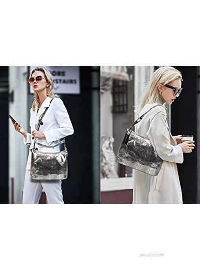 Ainifeel Women's Genuine Leather Designer Silver Everyday Purse And Handbags Hobo Bags