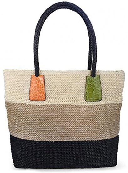 Hoxis Color Block Crocodile Pattern Stripes Woven Synthetic Straw Tote Womens Shoulder Handbag #Lovewin