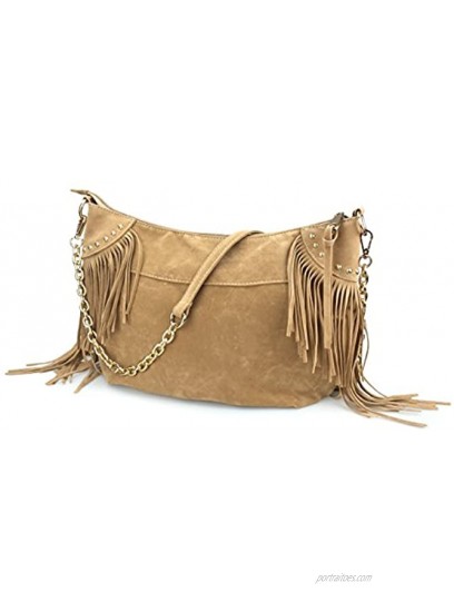 Hoxis Studded Tassel Faux Suede Leather Hobo Cross Body Chain Shoulder Bag Women’s Satchel