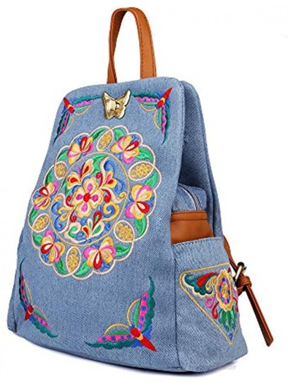 Denim Embroidered Floral Canvas Backpacks for Women Anti theft Retro Jeans Travel Ethnic Style Shoulder Bag