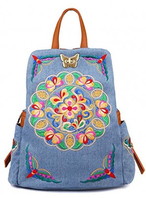 Denim Embroidered Floral Canvas Backpacks for Women Anti theft Retro Jeans Travel Ethnic Style Shoulder Bag
