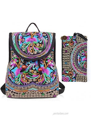Embroidery Backpack Purse for Women Vintage Handbag Small Drawstring Casual Travel Shoulder Bag Daypack