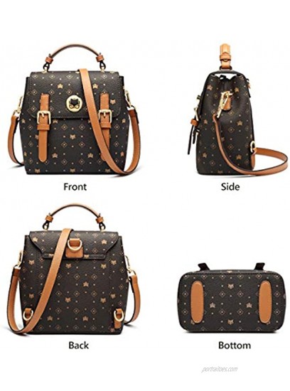 FOXER Small Backpack for Women PVC Artificial Leather Signature Pattern Ladies Crossbody Bags with 2 Adjustable Shoulder Strap Womens Faux Leather Rucksack Women's Monogram Satchel Purses Brown