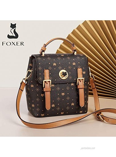FOXER Small Backpack for Women PVC Artificial Leather Signature Pattern Ladies Crossbody Bags with 2 Adjustable Shoulder Strap Womens Faux Leather Rucksack Women's Monogram Satchel Purses Brown