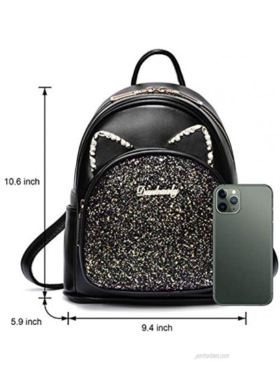 Mini Backpack for Girls Cute Cat Ears Design Leather Women's Backpack Purse with Sequin Decoration