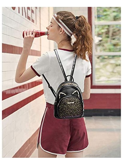 Mini Backpack for Girls Cute Cat Ears Design Leather Women's Backpack Purse with Sequin Decoration