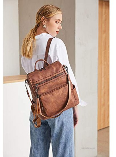 OPAGE Leather Backpack Purse for Women Fashion Ladies Shoulder Bag Designer Convertible Large Purse Zipper Pocket Travel Bag with Tassel Pendant