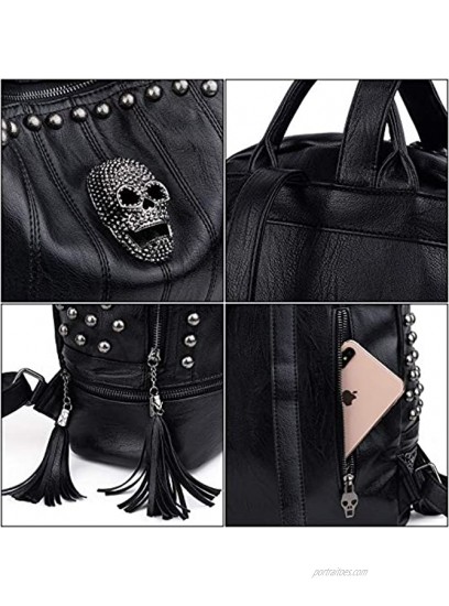 UTO Skull Fashion Backpack PU Leather Rucksack Rivet Studded Tassel Zipper Shoulder Purse