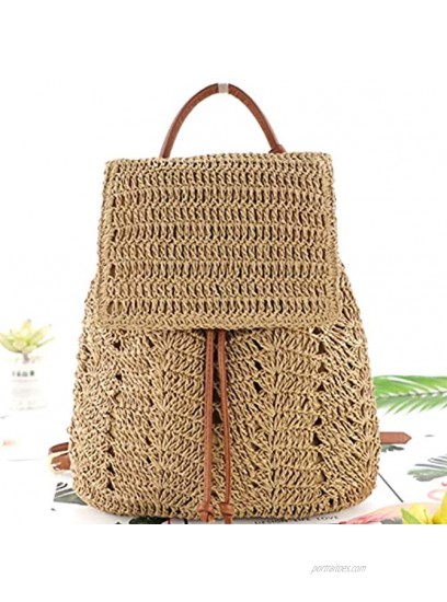 Women Large Straw Handmade Crochet Backpack Flap Drawstring Shoulders Bag Casual Beach Daypack