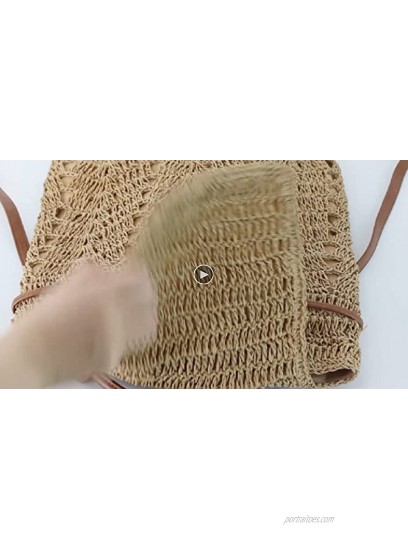 Women Large Straw Handmade Crochet Backpack Flap Drawstring Shoulders Bag Casual Beach Daypack