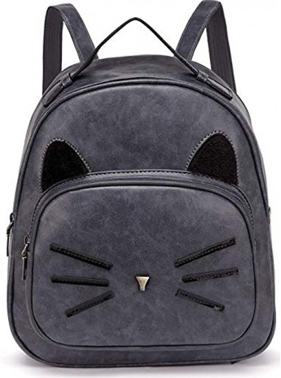 Women Mini Leather Backpacks Cute Cat Teen Girls Daypack Rucksack Small Bags Grey
