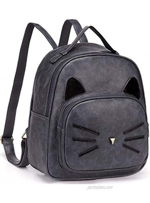 Women Mini Leather Backpacks Cute Cat Teen Girls Daypack Rucksack Small Bags Grey