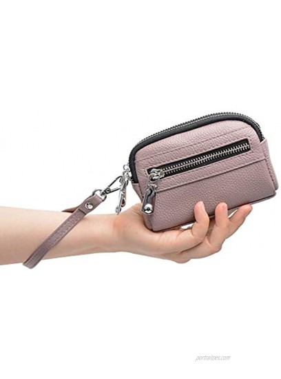 ALLITIC Women Coin Purse Genuine Leather Small Triple Zipper Coin Wallet Pouch with Removable Wristlet Strap