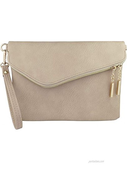 B BRENTANO Fold-Over Envelope Wristlet Clutch Crossbody Bag with Tassel Accents