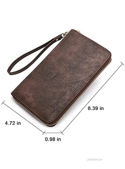 CLUCI Womens Wallet Large Leather Clutch Ladies Travel Purse Zipped Large Multi Card Organizer with Wristlet Vintage Two-toned Brown