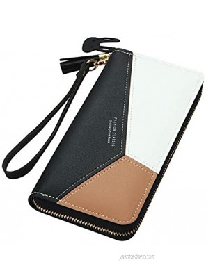 Large PU Leather Wallet for Women Long Women's Zip Around Wallet Clutch Travel Tassel Purse Wristlet In Colorblock Leather With Eight Card Slots Money Organizer and Phone Holder Black and White 2