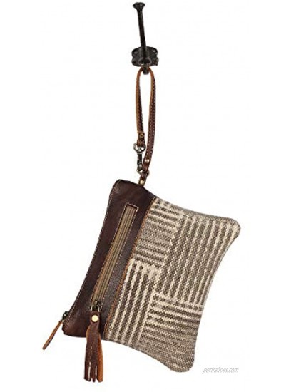 Myra Bag Puzzled Upcycled Canvas & Leather Pouch Wristlet Bag S-1565