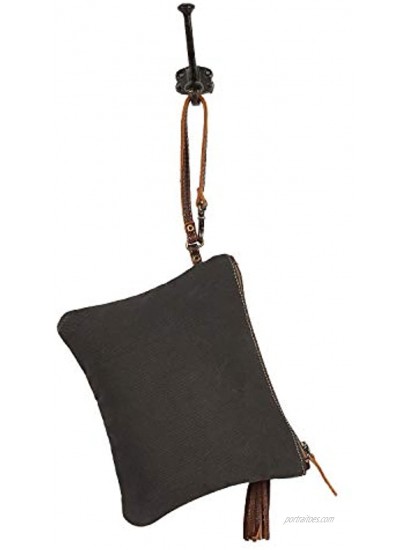 Myra Bag Puzzled Upcycled Canvas & Leather Pouch Wristlet Bag S-1565