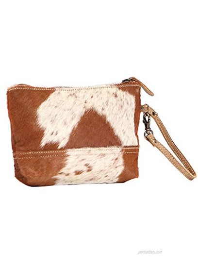 Myra Bag Snowy & Cocoa Upcycled Canvas & Cowhide Wristlet Pouch Bag S-1471