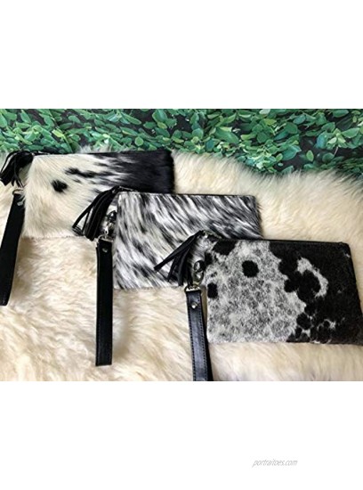 Real Cowhide Wristlet Clutch Purse Wallet Handbag Leather Lined Double Sided 8.5x5.5 Black White