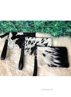 Real Cowhide Wristlet Clutch Purse Wallet Handbag Leather Lined Double Sided 8.5"x5.5" Black White
