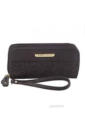 STONE MOUNTAIN black embossed paisley Wristlet Wallet & Checkbook insert SLG