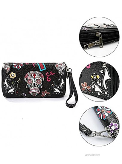 Western Style Handbag Purse for Women Buckle Clutch Blocking Wristlet Wallet Sugar Skull Western Purse Wallet