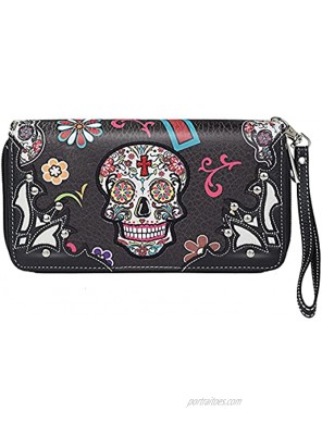 Western Style Handbag Purse for Women Buckle Clutch Blocking Wristlet Wallet Sugar Skull Western Purse Wallet