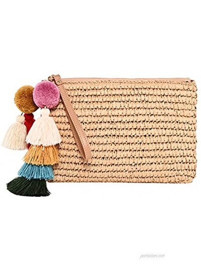 Women Multi Colored Straw Clutch Small Beach Wristlet Bag with Pom Poms and Tassels