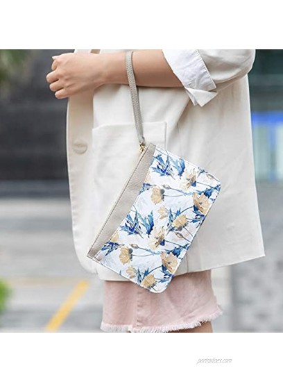 Women's Clutch Bag Envelope Cellphone Wallet Purse with 3 Card Slots Floral Leather Zip Wristlet Handbag Wristlets