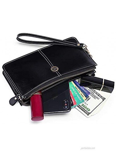 Womens Leather Wristlet Clutch RFID Blocking Wallet Cell Phone Purse Double Zip Handbags
