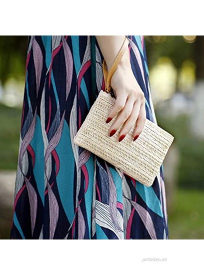 Womens Straw Clutch Bag Bohemian Summer Beach Straw Purse Zipper Wristlet Wallets for Women
