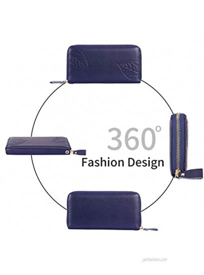 Womens Wallet RFID Blocking Genuine Leather Zipper Around Long Clutch Wristlet Wallet Travel Long Purse for Women Deep Blue