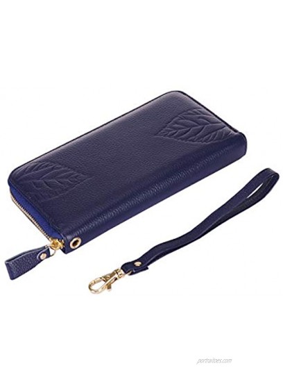 Womens Wallet RFID Blocking Genuine Leather Zipper Around Long Clutch Wristlet Wallet Travel Long Purse for Women Deep Blue
