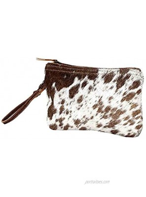 Wristlet Handbag Cow Hide White & Brown Small W Zipper top 6"x9" Cloth Interior