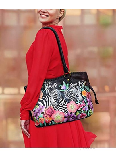 Anuschka Women's Genuine Leather Drawstring Shopper Bag Hand Painted Exterior Playful Zebras