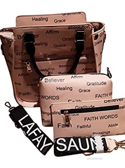 Beige Faith Words Purse And Wallet Set For Women Large Hobo Bags Tote Handbags For Women Crossbody Wallets Satchel Purse Dust Bag Set 5pcs