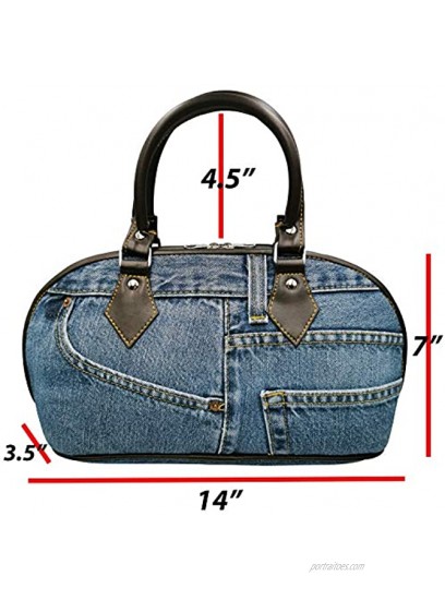 Bijoux de Ja Blue Denim Leather Trim Curved Shape Top Handle Handbag Purse Brown