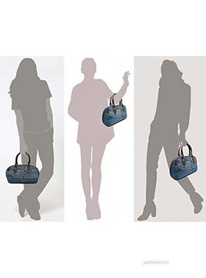Bijoux de Ja Blue Denim Leather Trim Curved Shape Top Handle Handbag Purse Brown