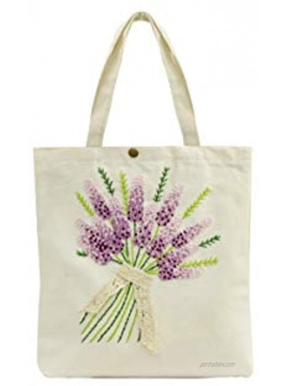 Canvas handbag UYEN-T006 UYEN-T006 33x4xH34cm with long handle Beige Color hand-embroidered with Lavender flower pattern