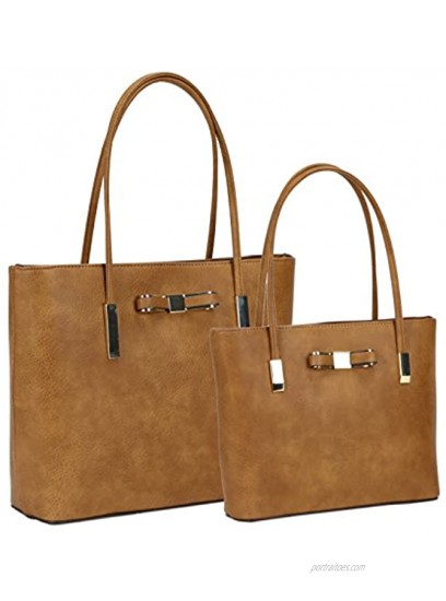 Darling's Bowknot Designer Faux Leather Carryall Tote 2 Piece Shoulder Bag Set Large & Small
