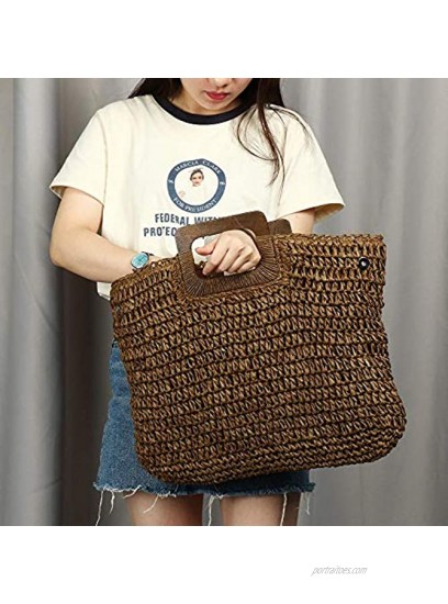 Large Handwoven Straw Bag Travel Shopping Handbag Woven Straw Beach Bag for Women Girls Beige