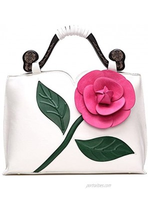 Vanillachocolate 3D Rose Flower PU Leather Tote Handbag With Wooden Handle For Women
